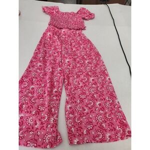 btween Girls Pink Floral Smocked Off Shoulder Crop‎ Top Wide Leg Jumpsuit 3T